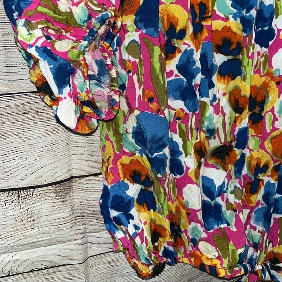 🤎3/$10 Coco Blanco Colorful Floral Puff Sleeve Blouse Size Small - Picture 4 of 7